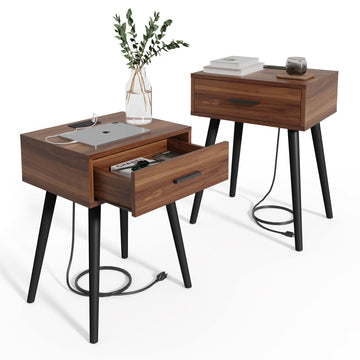 Nightstands Set of 2, Mid century Bedside Table with Charging Station