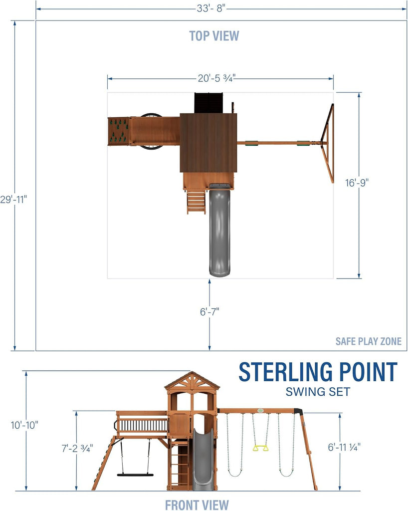 Sterling Point Cedar Wood Swing Set with Wave Slide, Raised Clubhouse, Wooden Bridge, Rock Wall, Belt Swings, Web