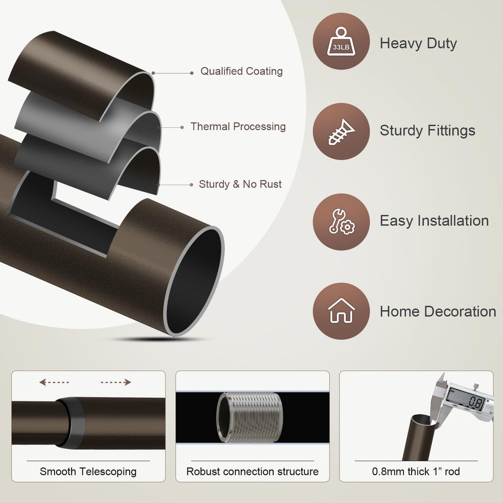 Modern Antique Brown Bronze Curtain Rods for Windows Heavy Duty 1" Diameter Window Rod