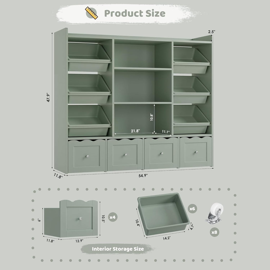 55" W Kids Toy Storage Organizer with 10 Toy Box & Book Shelf, Green | Large Toy Organizers and Storage with Kids