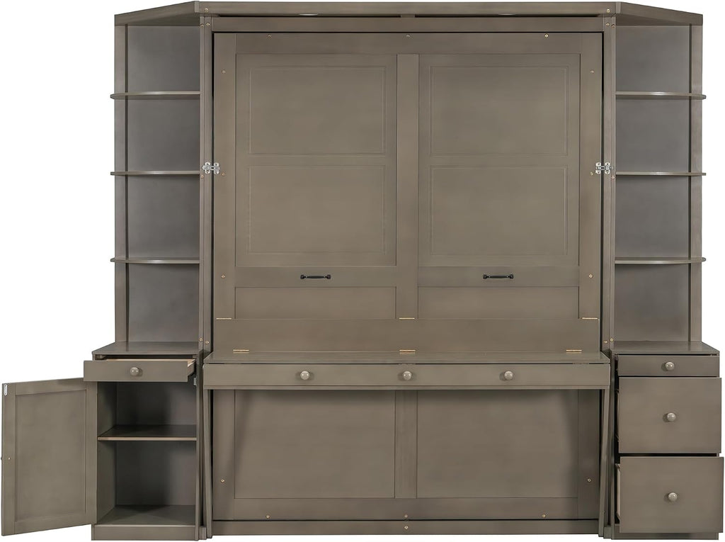 Queen Murphy Bed with Desk and Storage, Hidden Wall Bed with Foldout Workstation, Shelves and Cabinets for