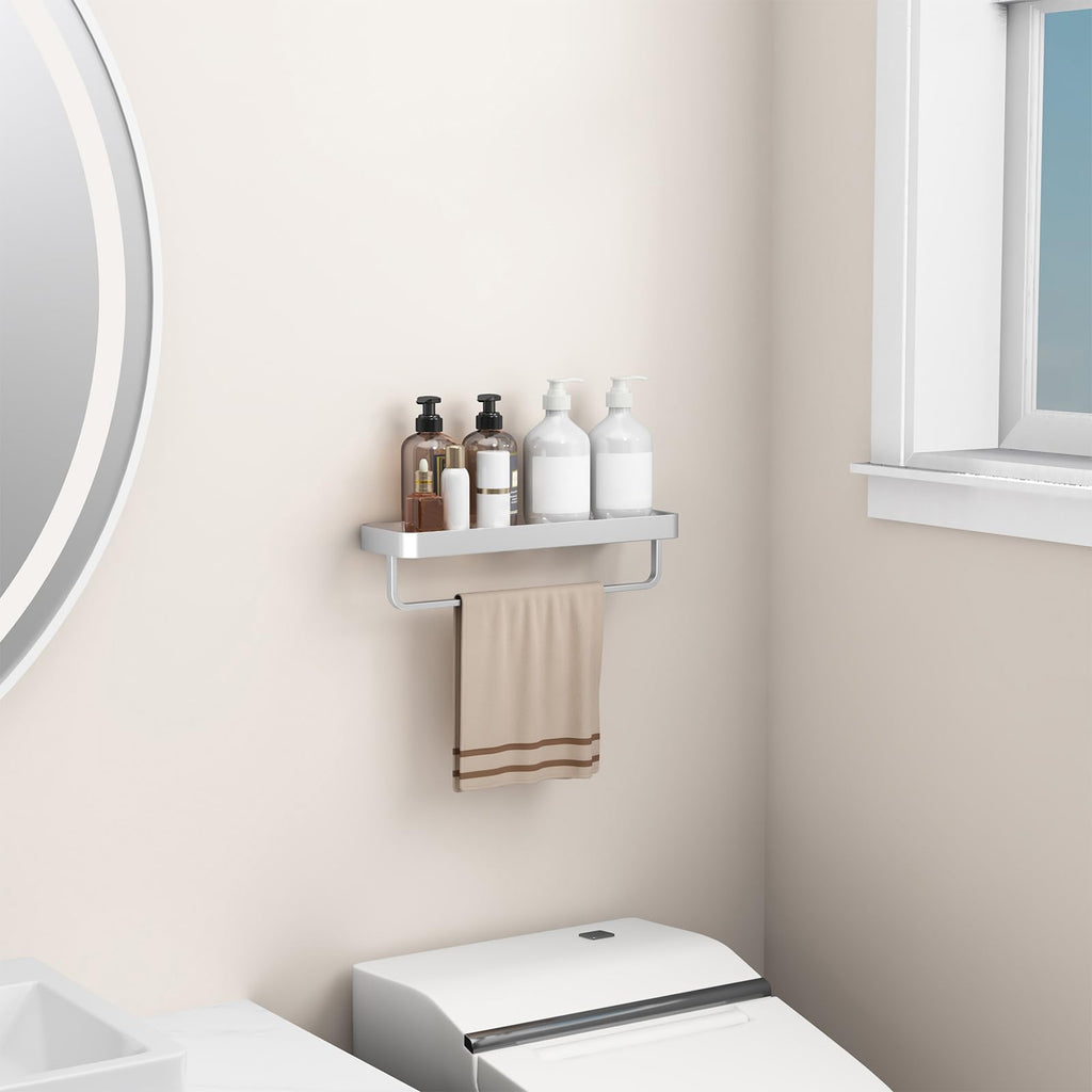 16 Inch Long Floating Bathroom Shelf with Towel Bar, Clear Tempered Glass Wall Shelf with Hand Towel Holder Storage