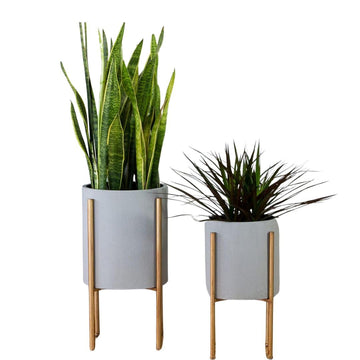 Mid-Century Modern Planter Set of 2, Gray Indoor Plant Pots with Golden Metal Stand, Home Decor Planters for Plants