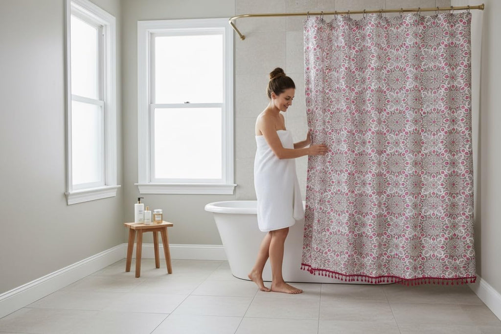 Pink Fabric Shower Curtain : Floral Geometric Medallion Design Taupe Tan with Pink Fringe/Tassels 70" x 72"