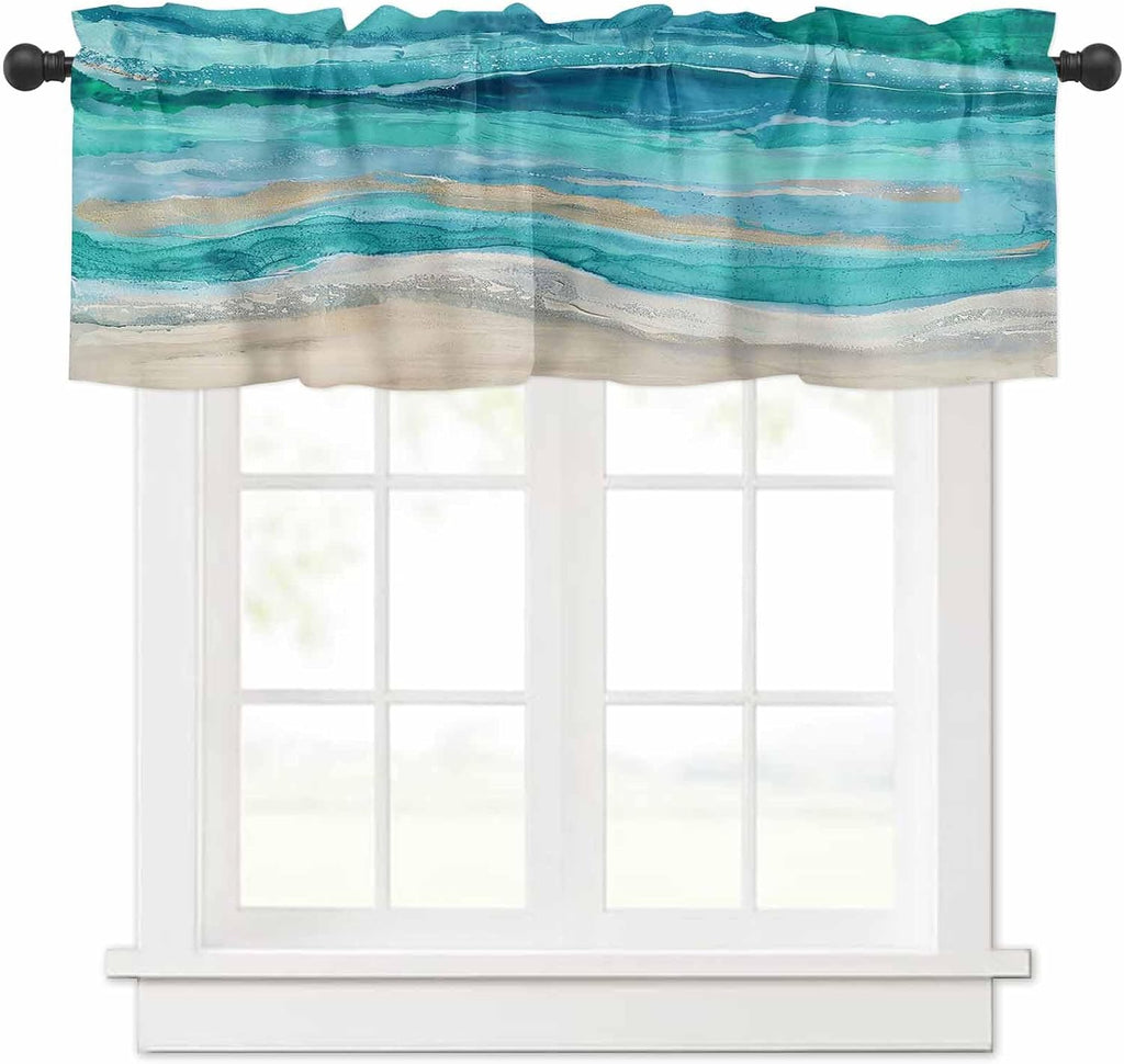 Coastal Beach Curtains - Teal Blue Kitchen Bathroom Window Treatment - Abstract Blue Wave Bedroom Living Room 42"x18"