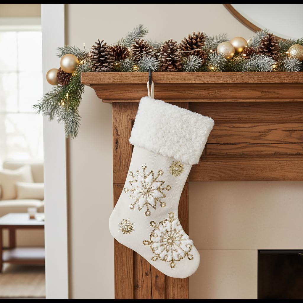 18 Inch Snowflake Christmas Stocking, Gold Décor