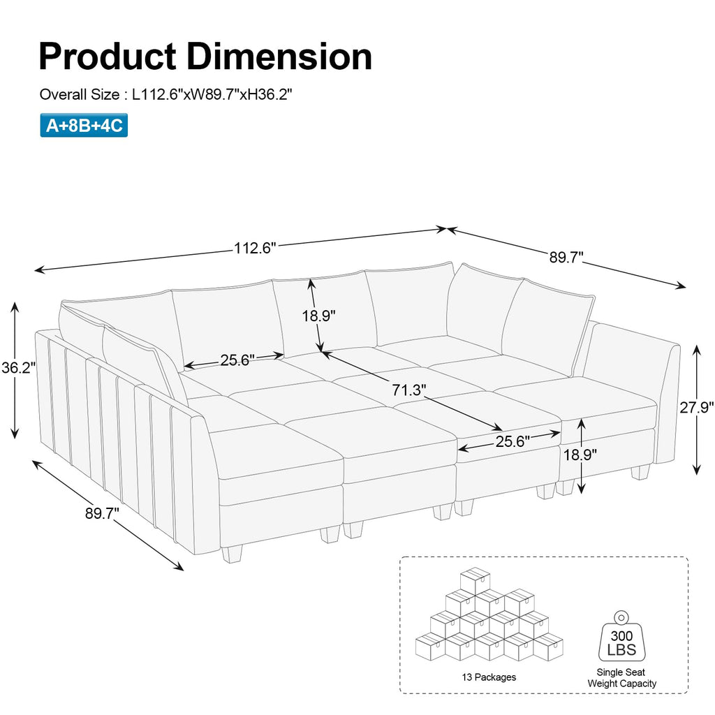 Oversized Modular Sectional Couch Sleeper Sofa with Storage Velvet Sectional Sofa Bed, 12 Seats, Blue