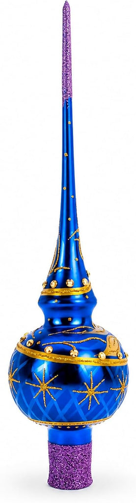 Purple Jewels Golden Leaves on Blue Glass Christmas Tree Topper 11 Inches