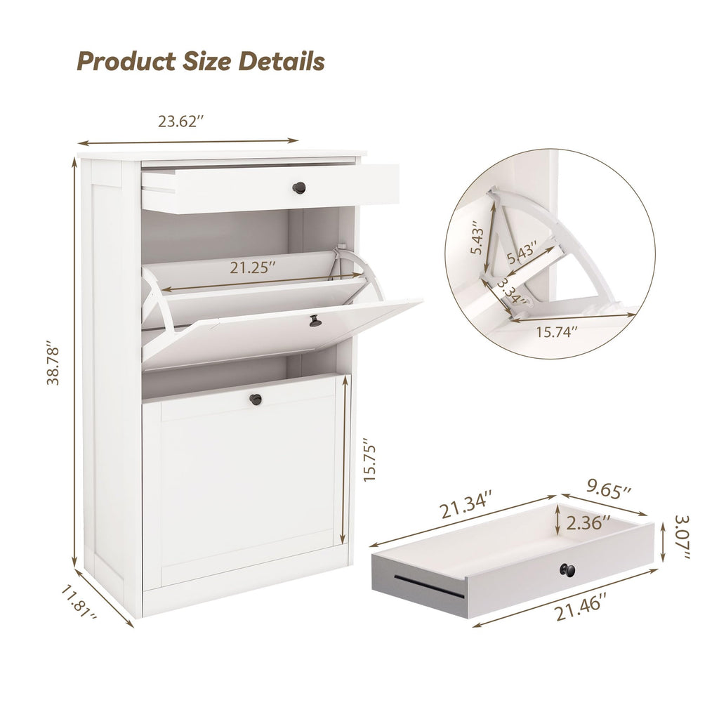 Shoe Cabinet with 2 Flip Drawers, Slim Shoe Storage Cabinet, White