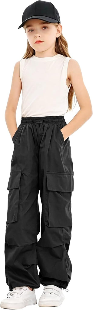 Girls Cargo Pants Elastic Waist Drawstring with Pockets Pants
