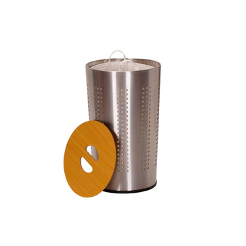 Round Metal Laundry Hamper with Engineered Wooden Lid, Removable Liner, and Ventilated Siding, Brushed Stainless