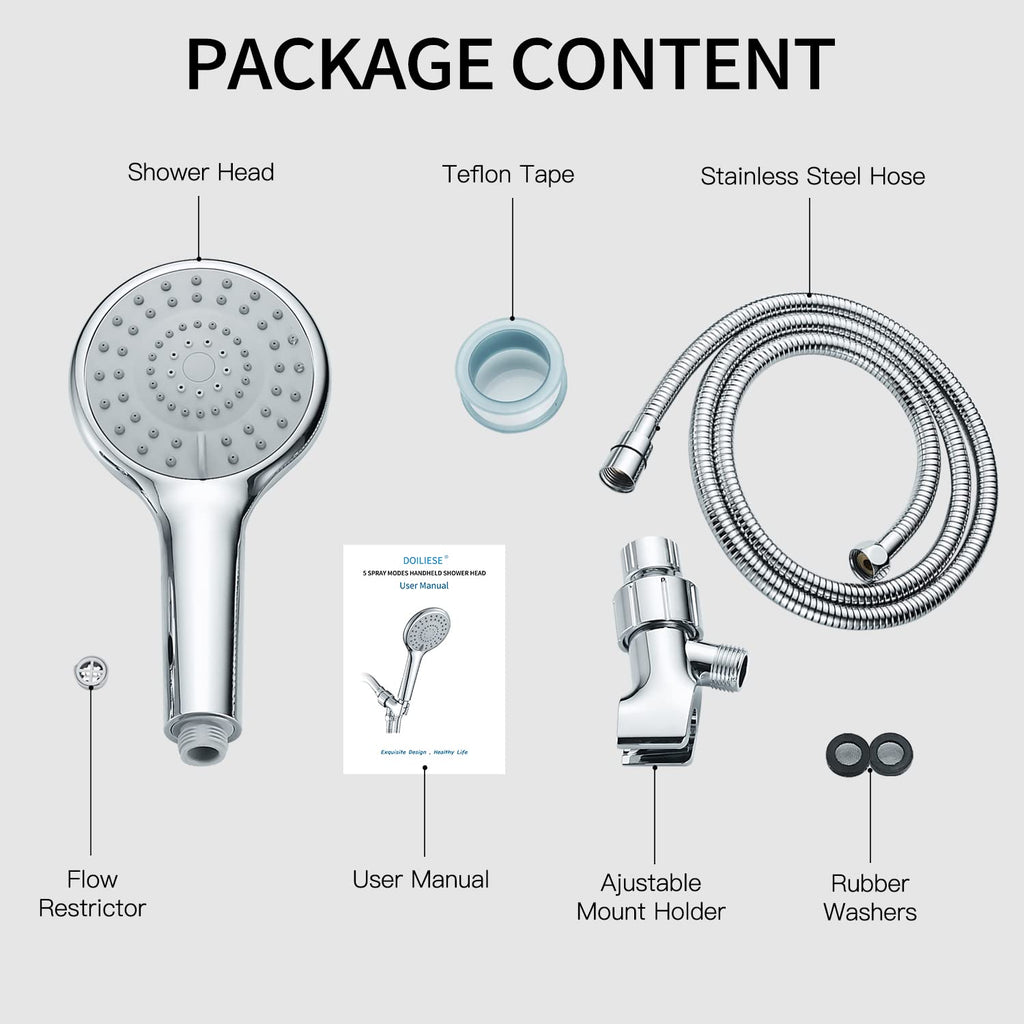 Hand Held Shower Head with Long Hose 5 Modes, Chrome