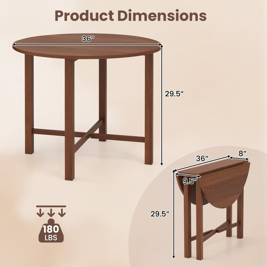 36" Folding Dining Table for 2-4, Round Drop Leaf Kitchen Table with Solid Wood Legs, Space Saving Extendable Table