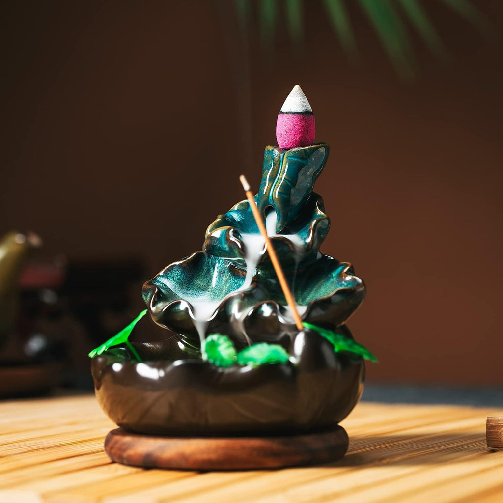 Cute Ceramic Backflow Incense Holder Waterfall Incense Burner with 48 Incense Cones and 30 Incense Stick, Incense - Set of 78