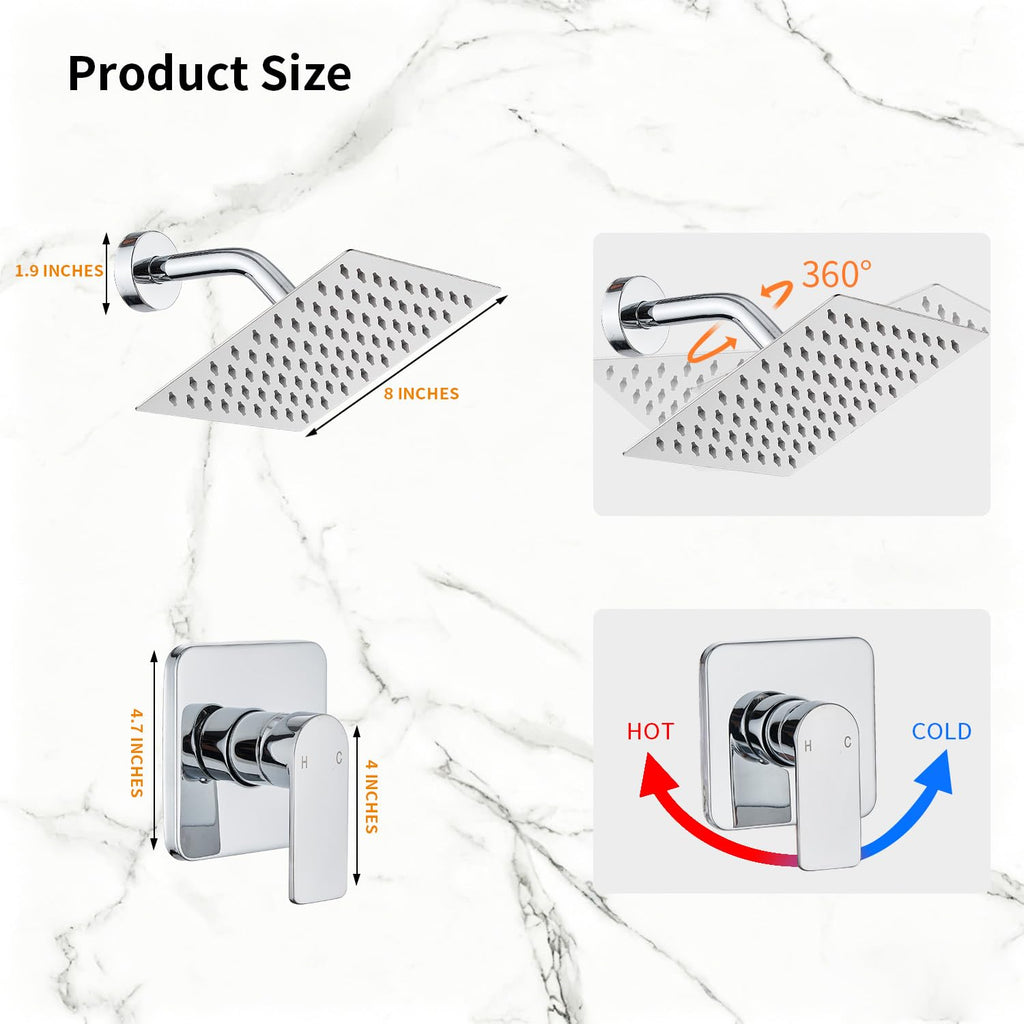 Shower Faucet Single Function Trim Kit with Rough-in Valve Set Bath Rainfall Shower System 8inch Square Stainless