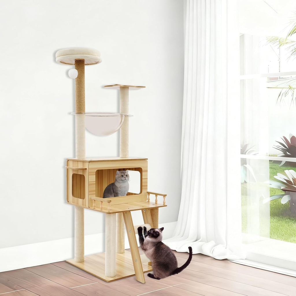 57.9in Wood Cat Tree Tower for Indoor Cat, Modern Minimalist Cat Furniture with Cat Scratching Post & Observation