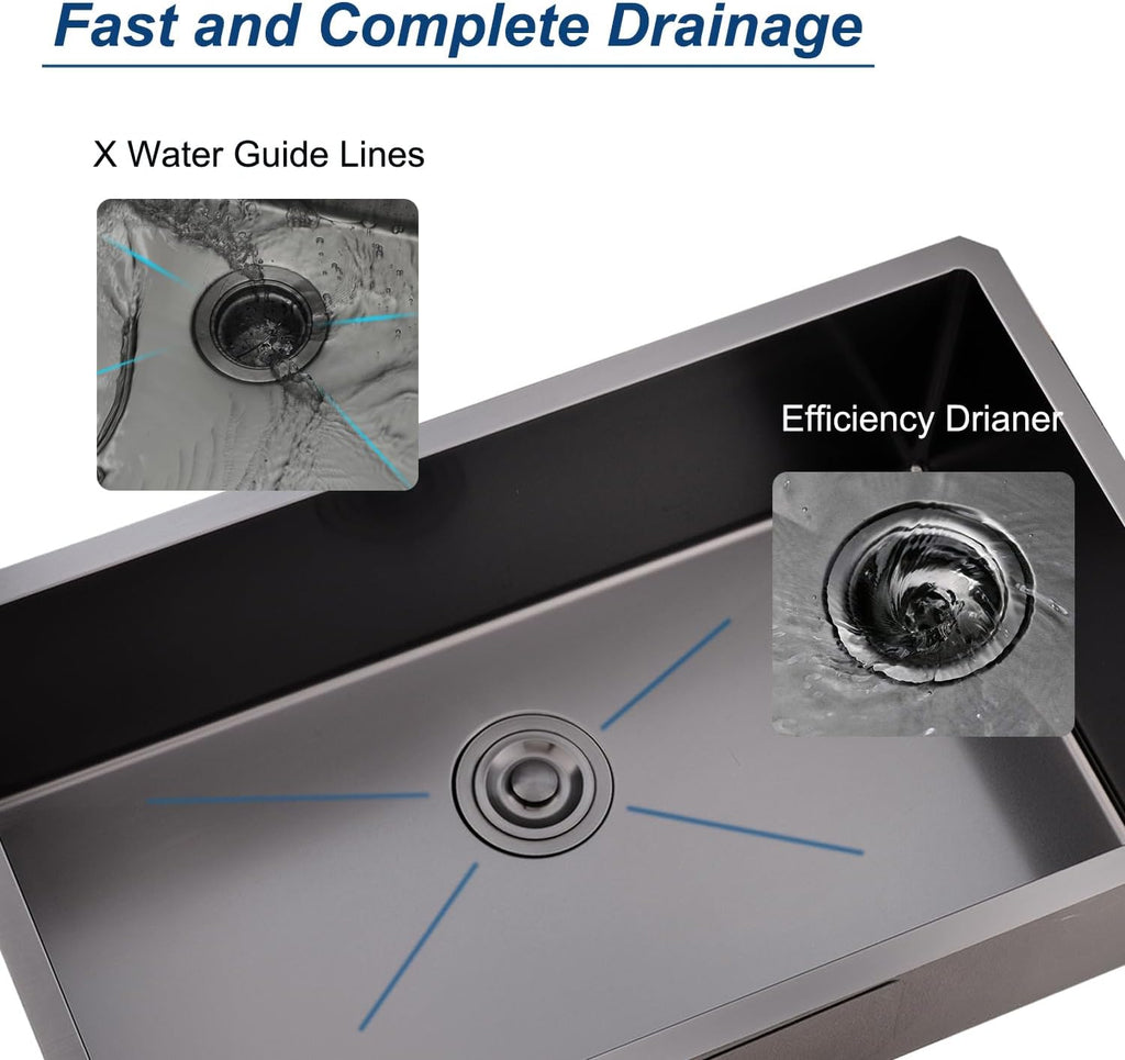 32 Inch Nano Black Undermount Kitchen Sink Stainless Steel Deep Single Bowl, 32"x18" Gunmetal Black 16-Gauge Zero