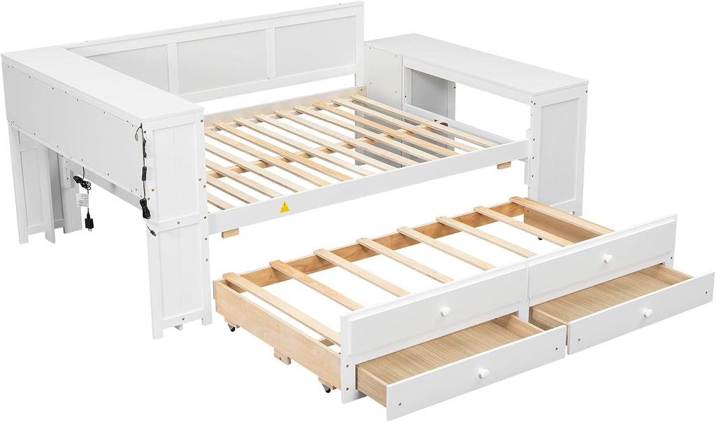 Full Size Daybed with Storage Shelves,Drawers,Trundle,Charging Station,LED Light,Desk and Cabinet, White