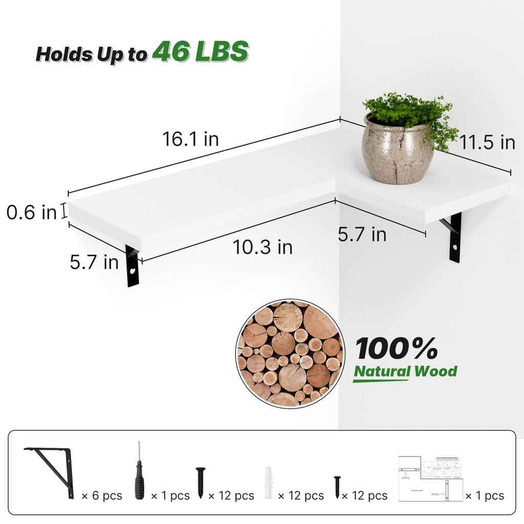 Corner Floating Shelves Wall Mounted, White, Set of 4