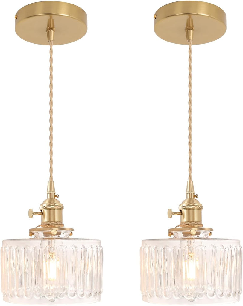 Pendant Light 2 Pack with Clear Striped Glass Lmapshade, Brass Vintage Pendant Light Adjustable Hanging Light for