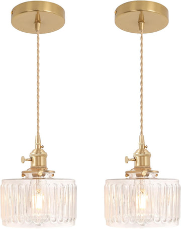 Pendant Light 2 Pack with Clear Striped Glass Lmapshade, Brass Vintage Pendant Light Adjustable Hanging Light for