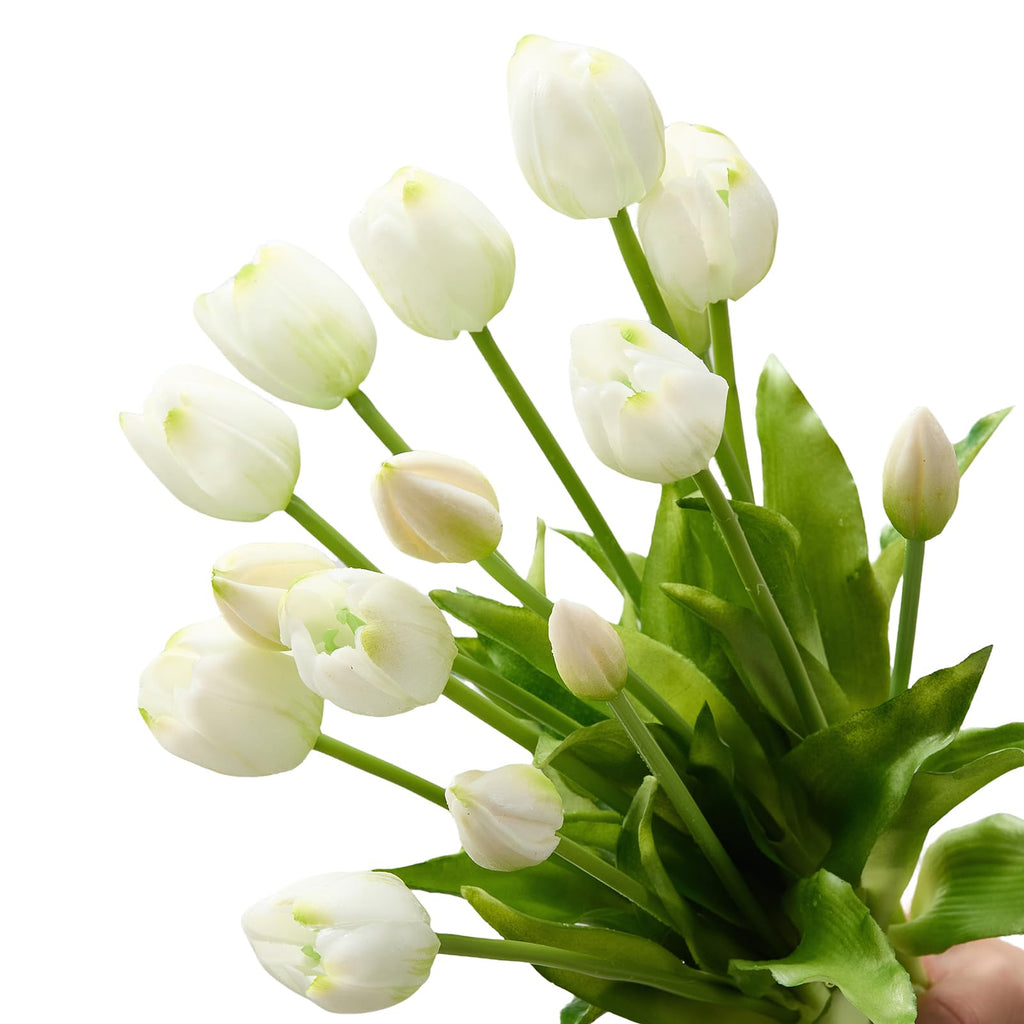 15Pcs White Artificial Tulips with Soft Touch Petals, Natural-Looking