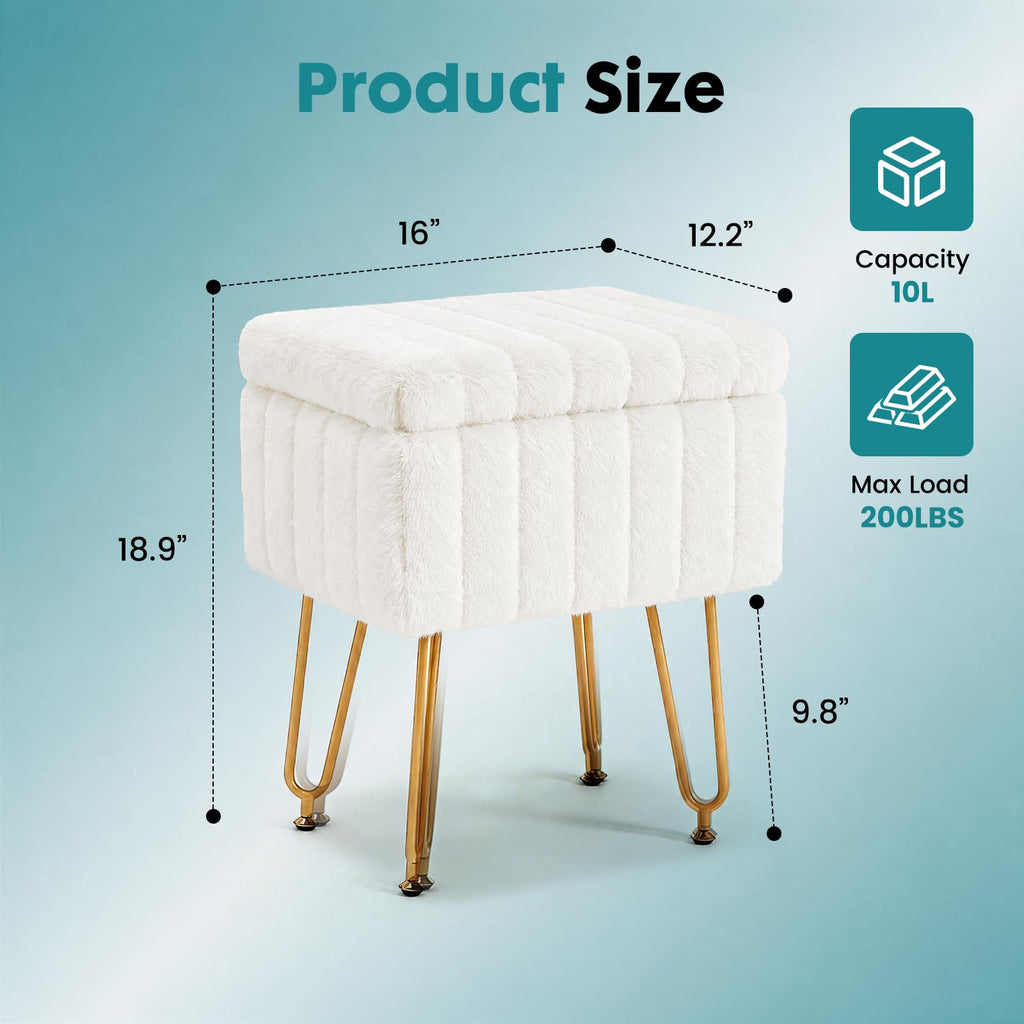 Vanity Stool Chair Faux Fur with Storage, Soft Ottoman 4 Metal Legs with Anti-Slip Feet, Makeup Cute Soft Small