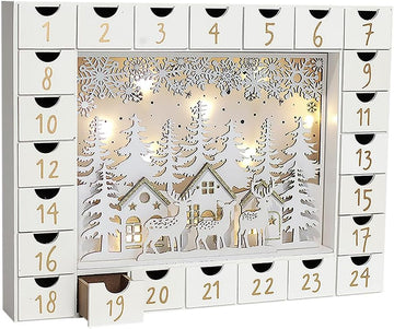 Christmas Wooden Advent Calendar with 24 Drawers to Fill Small Gifts Christmas Scene with LED Lights Countdown to