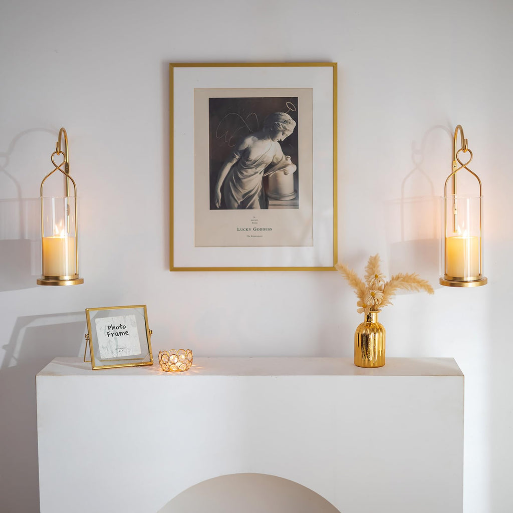 Gold Candle Sconces Set of 2, with Hurricane Glass