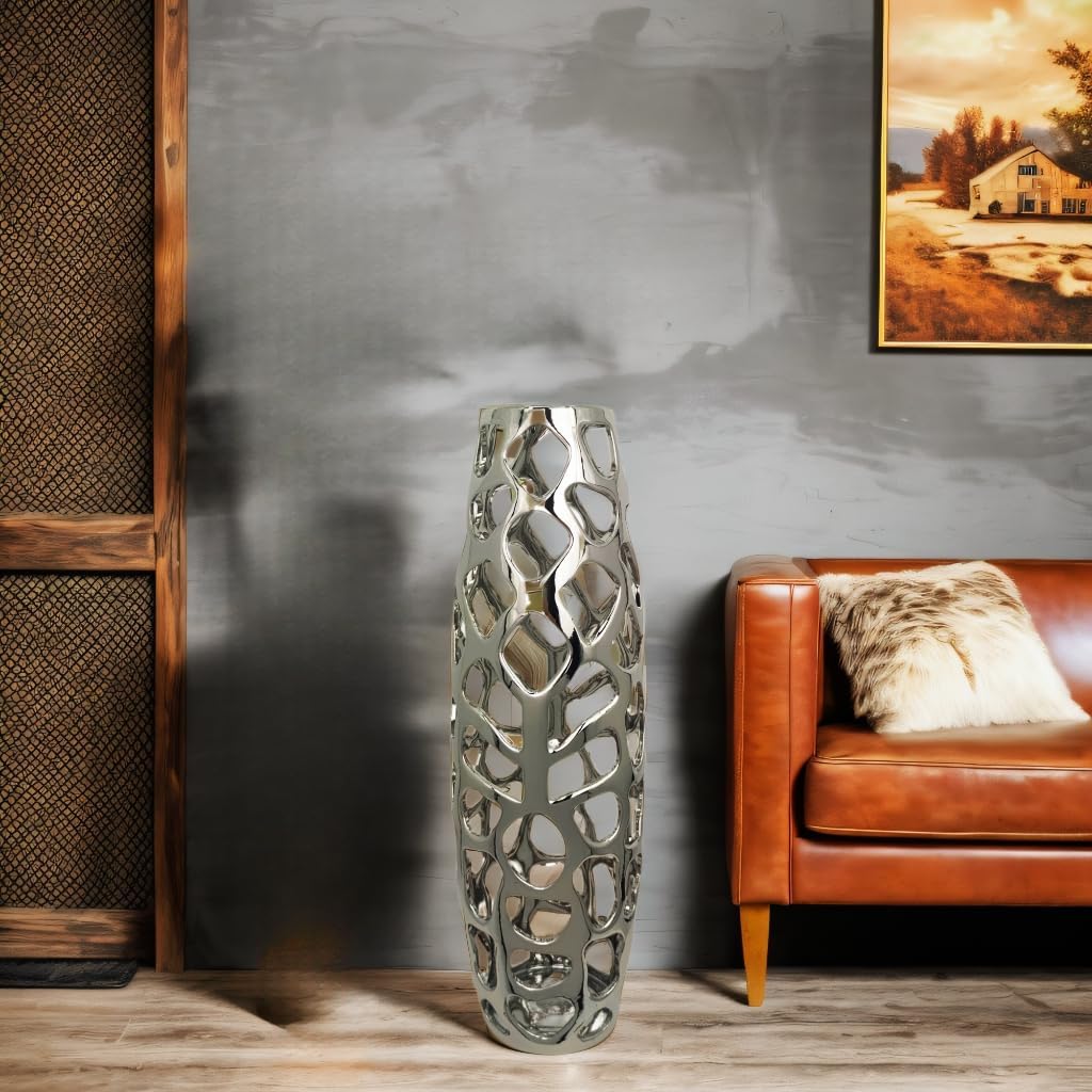 24'' High Ceramic Floor Vase Silver | Handmade Vase with Hand Carved Hollow Pattern for Decorative Branches and Dried
