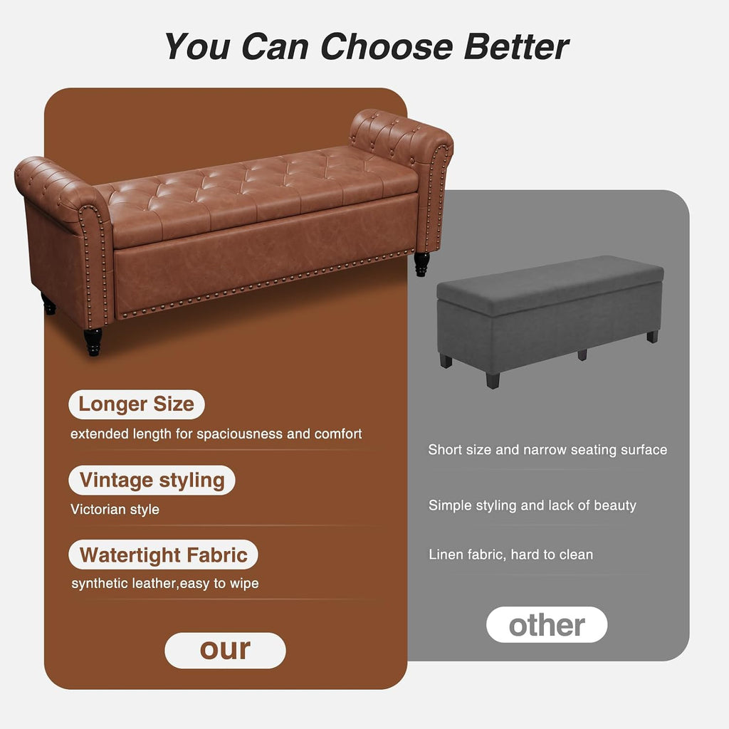65 Inch Bedroom Bench, End of Bed Bench with Storage, Brown | Bed Benches for Foot of Bed, Faux Leather Window Bench