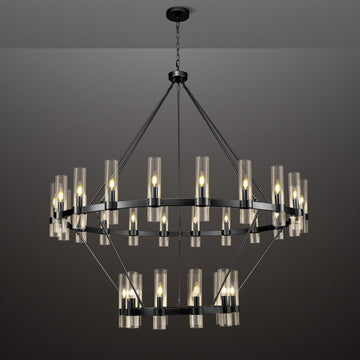 2 Tier Black Wagon Wheel Chandelier, 60 Inch Farmhouse Chandelier with Glass Tube, 30-Light Large Round Chandeliers for Dining Room, Living Room, Bedroom and Entryway A115-B0F29N96NH