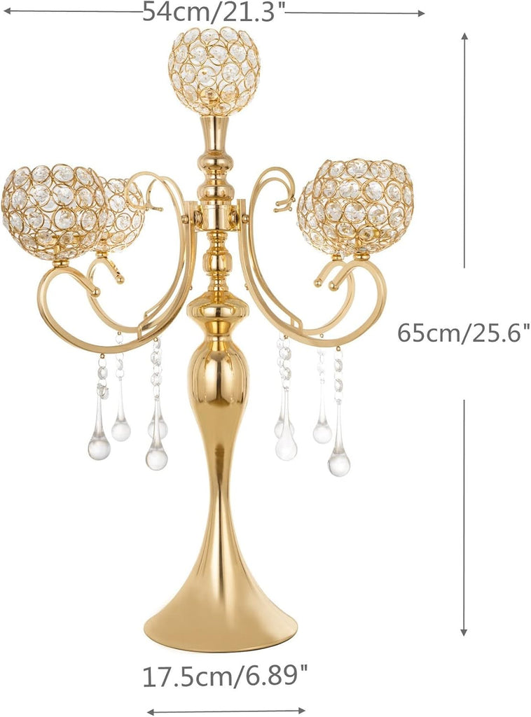 Gold Centerpiece for Table, 25.6in Candle Holder for Table Centerpieces, 5Arms Tall Crystal Candelabra Candle Holder