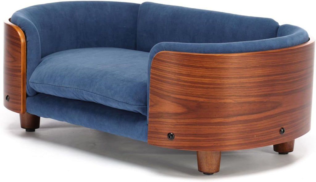 Modern Elevated Pet Sofa Bed, Wood Frame with Velvet Cushion, 26.4 x (Dark Blue)