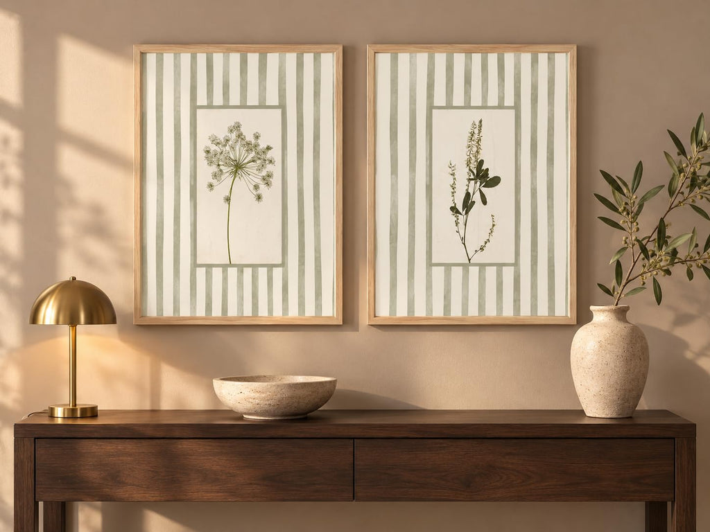 Sage Green Botanical Wall Art Set of 2 Framed, Vintage Herb Floral Canvas Prints, Cottagecore French Country Decor