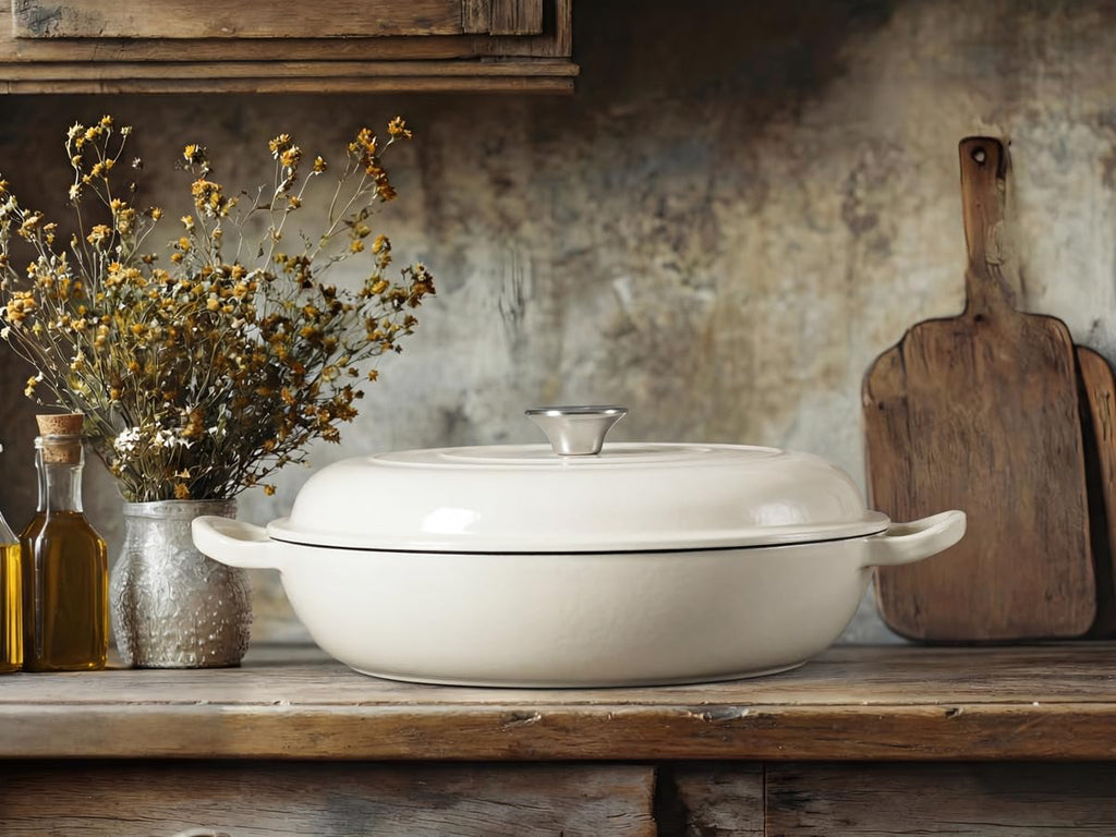 3.6QT Enameled Cast Iron Skillets Braiser Pan with Lid, Cream White