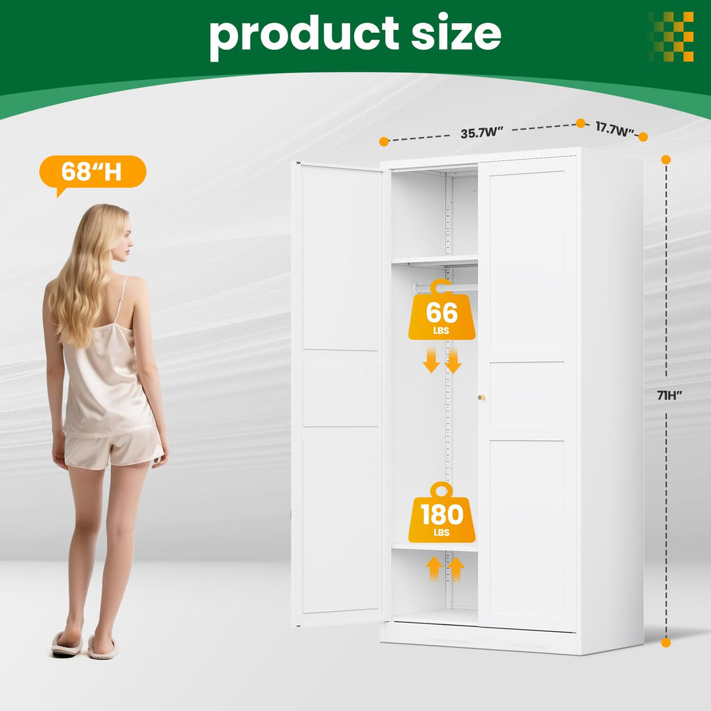 Metal Armoire Wardrobe Closet Cabinet, White Armoire Wardrobe Closets Storage Cabinets with Doors and Adjustable