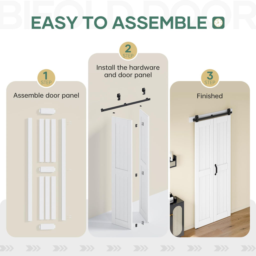42x84in Bifold Barn Door with Hardware Kit, White Sliding Closet Doors 2 Panels with 46'' Track, Waterproof MDF