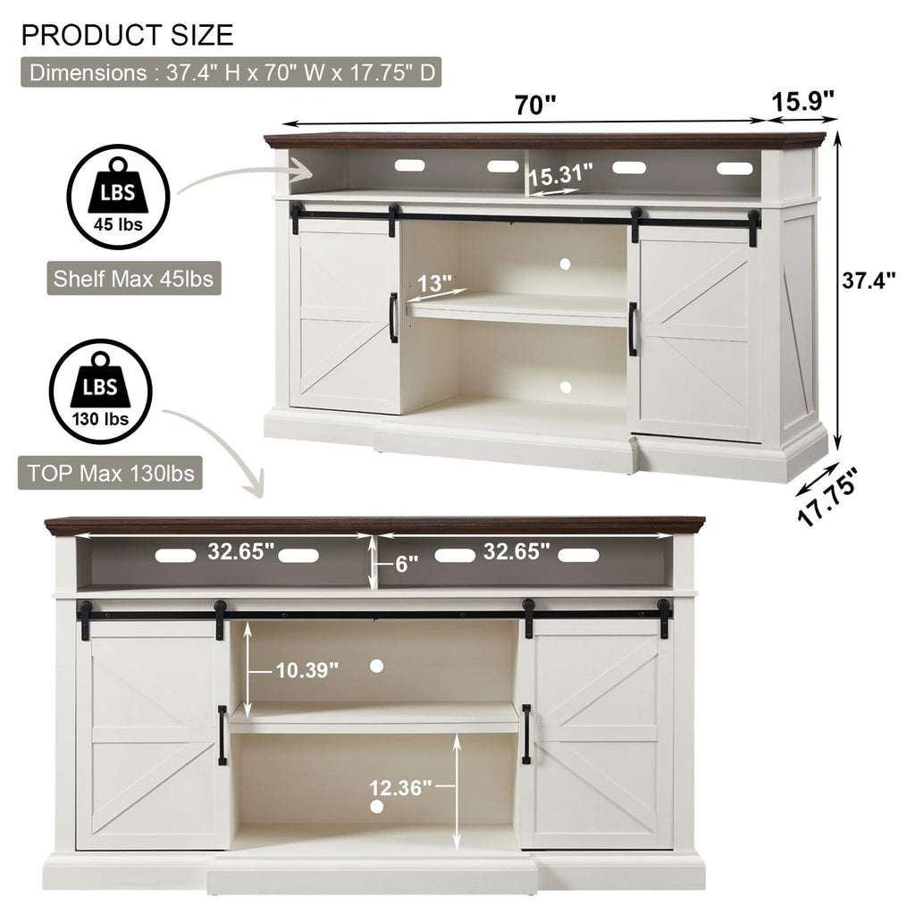 Farmhouse 80/75 inch TV Stand, 37.4" Tall Entertainment Center, White
