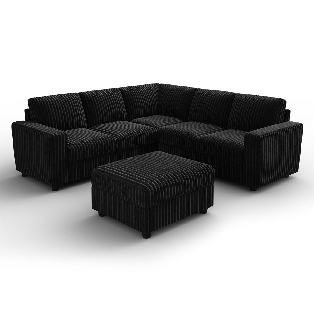 Corduroy Sectional Sofa with Ottoman, 6 Seat L Shaped Couch, Black