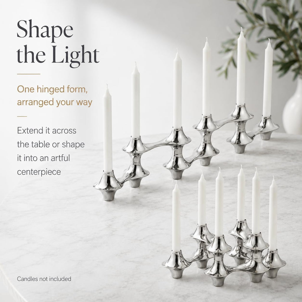 Cortina Hinged Candelabra | Metal Candle Holder for Six Candles | Silver Candlestick Holders for Taper Candles |
