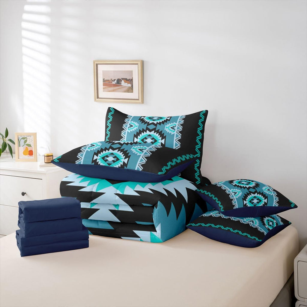 Southwestern Aztec Comforter Set Full Size 7 Pieces Western Tribal Aztec Native American Bedding Set Blue Boho Exotic