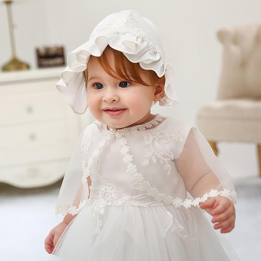 Baby Girls White Christening Dress With Bonnet Baptism Gown Lace Dress for Wedding Birthday