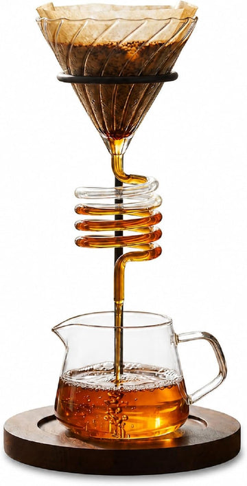 Pour Over Coffee Maker Set - 3PCS Featuring Spiral-Ribbed Dripper, Raised Walnut Wooden Stand, and 400ml Elegant