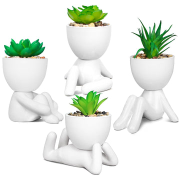 Set of 4 Artificial Succulents in Ceramic Pots, Cute Human Shaped Fake Plants for Shelves, Small Faux Plants Desk