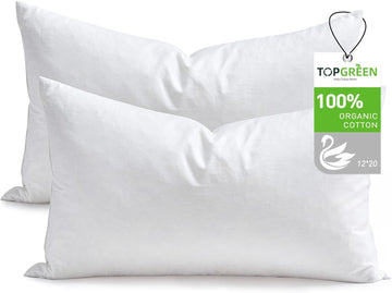 Ogranic Feather Down Lumbar Pillow Insert 12x20, White - Set of 2
