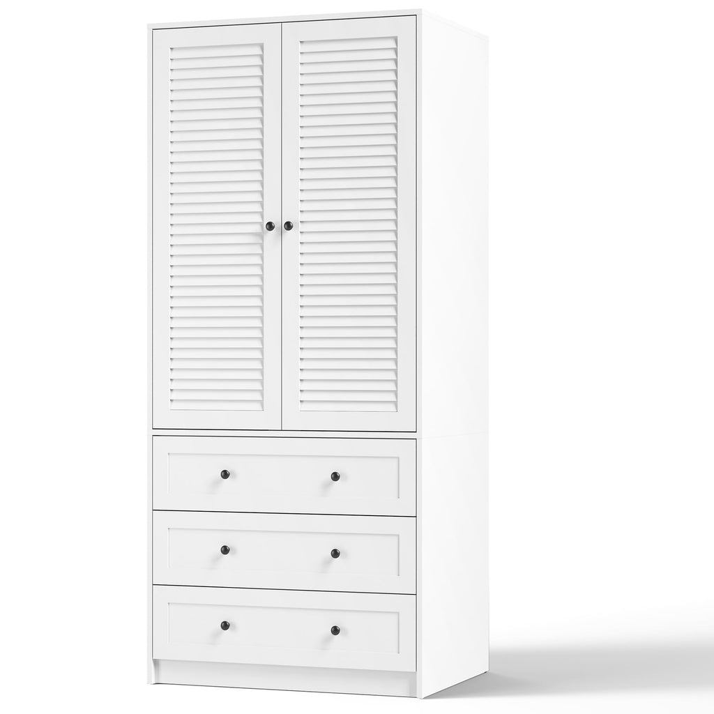 70" Wardrobe Armoire Wooden Closet with 3 Drawers, White
