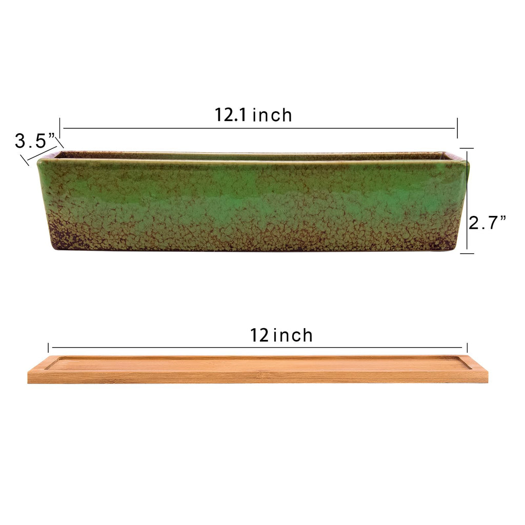 12.1 Inch Large Succulent Planters Pots with Drainage Tray, Long Rectangle Ceramic Pots for Indoor Cactus/Succulent