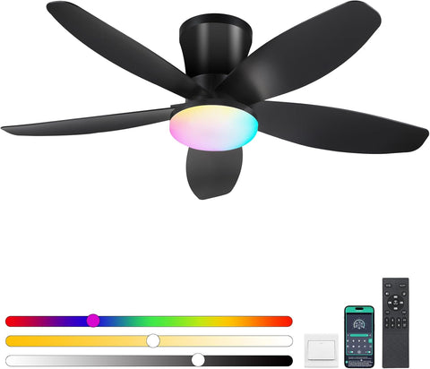 Flush Mount RGB Ceiling Fans with Lights-36 Low Profile Ceiling Fan with Light and Remote/APP Control,DC Reversible,LED Dimmable Black Ceiling Fans for Bedroom,Indoor/Outdoor Patio Use A101-B0F8HW8P6S