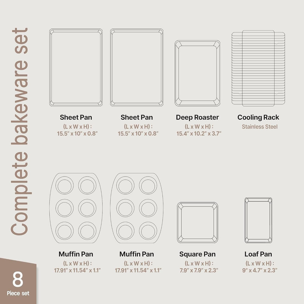 Bakken 8-Piece Ceramic Coated Bakeware Sets, Nonstick Aluminized Steel Pans with Muffin, Loaf, Cake, Roasting Pan, &